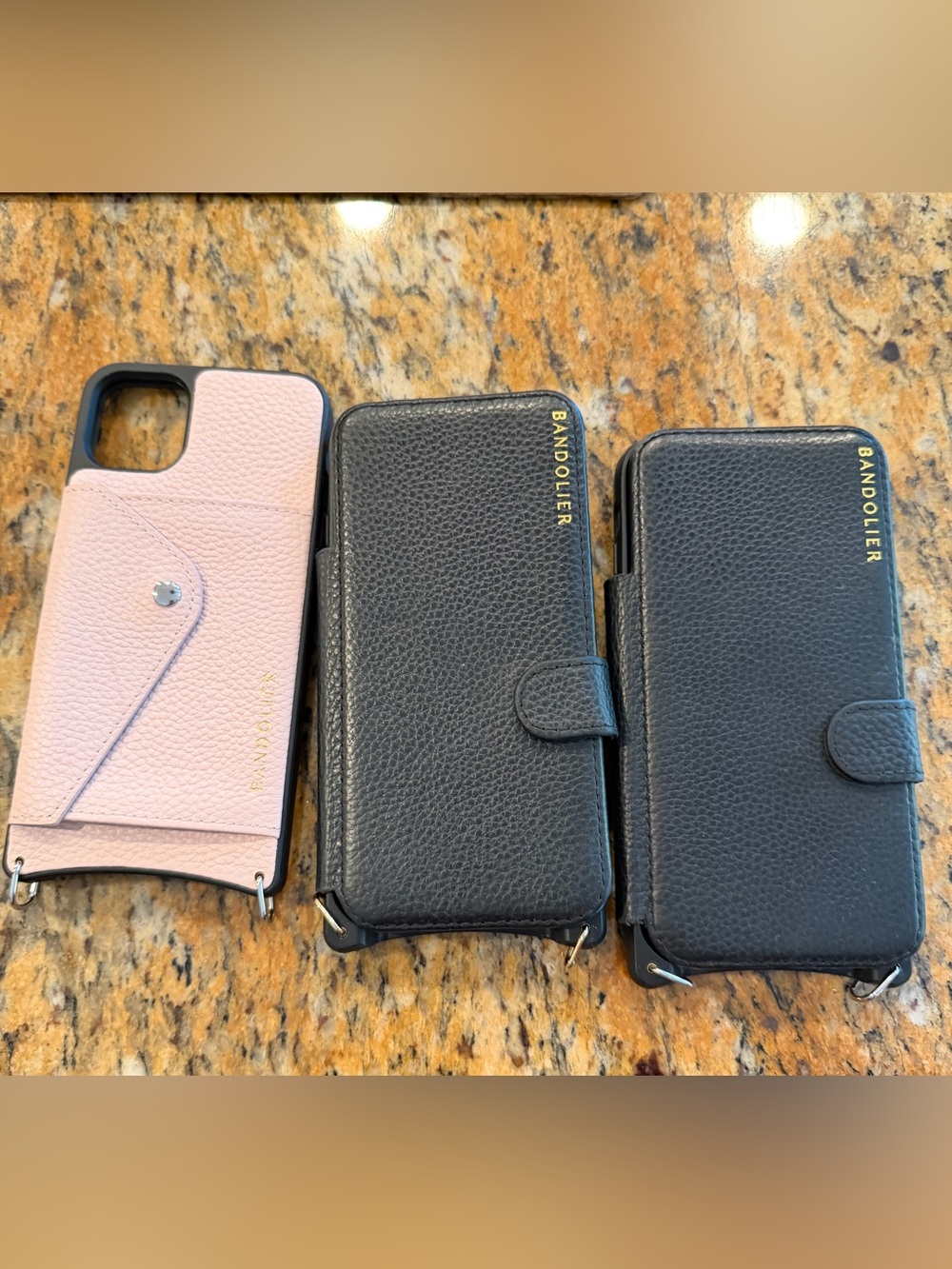 Set of 3 Bandolier Leather Cases iPhone 11 Pro Max- 2 Black and 1 Light Pink